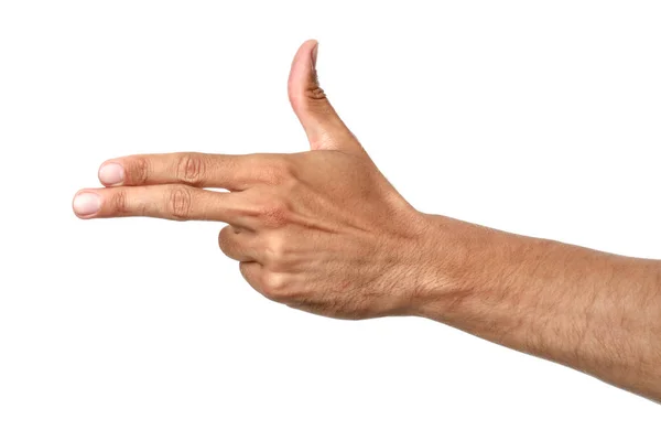 Mano masculina apuntando a algo sobre fondo blanco — Foto de Stock