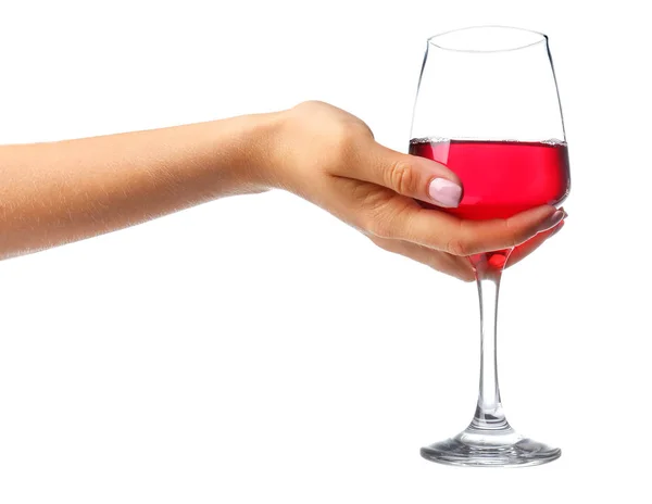 Female hand with glass of wine on white background — Stock Photo, Image