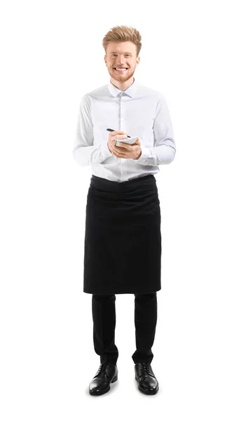 Schöner Kellner mit Notizbuch auf weißem Hintergrund — Stockfoto