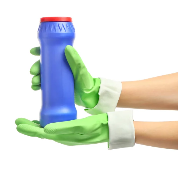 Female hands in gloves holding cleaner on white background — Stock Photo, Image