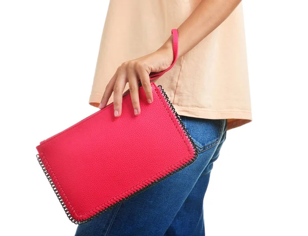 Young woman with stylish bag on white background, closeup — Stock Photo, Image