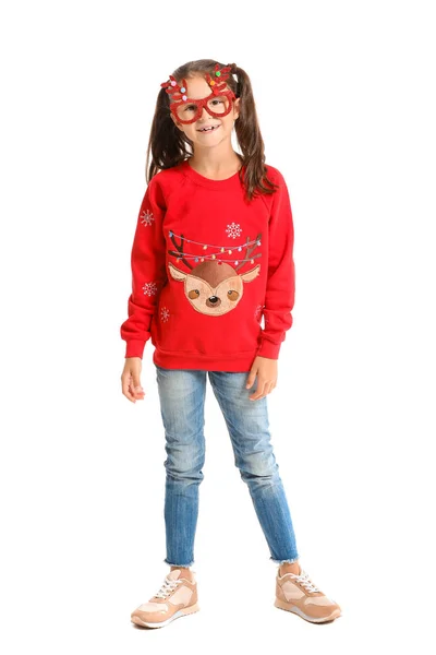 Little girl in Christmas sweater on white background — Stock Photo, Image