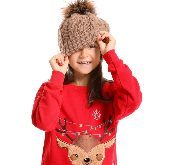 Little girl in Christmas sweater and knitted hat on white background — Stock Photo, Image