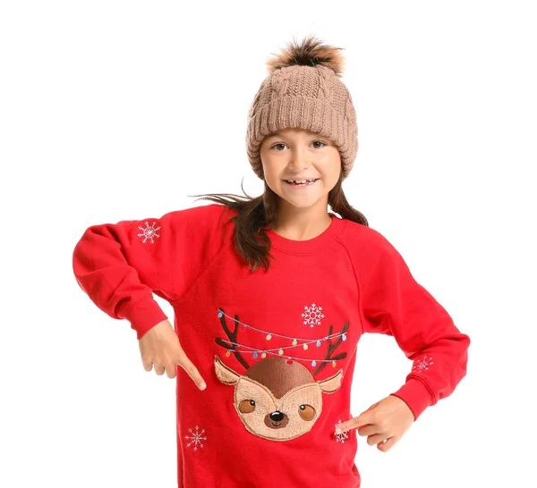 Little girl in Christmas sweater and knitted hat on white background — Stock Photo, Image