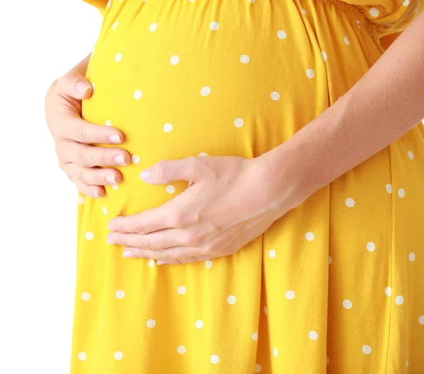 Красива вагітна жінка на світлому фоні, крупним планом — стокове фото