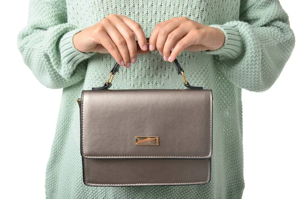 Young woman with leather bag on white background — Stock Photo, Image