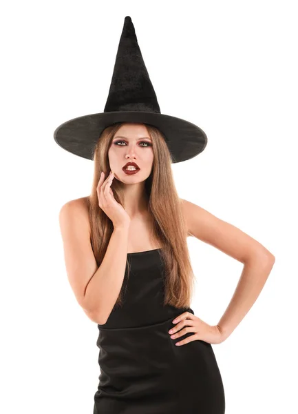 白い背景にハロウィンのための魔女として身に着けている美しい女性 — ストック写真