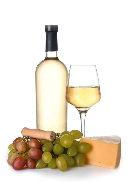 Glass and bottle of wine with cheese on white background — Stock Photo, Image