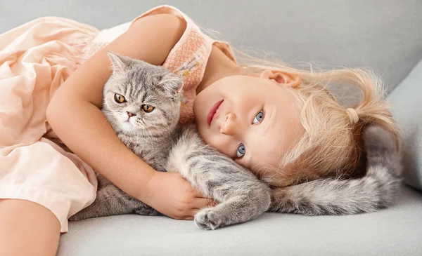 Bambina con gatto carino a casa — Foto Stock