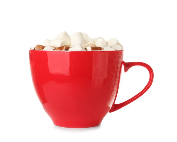 Xícara de chocolate quente com marshmallows no fundo branco — Fotografia de Stock