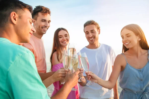 Amigos bebiendo champán en la playa del mar — Foto de Stock