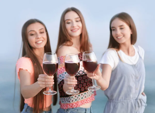 Friends drinking wine on sea beach — Stock Photo, Image
