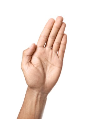 Beyaz arka planda açık palmiye ile Erkek el