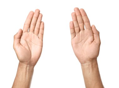 Male hands with open palms on white background clipart