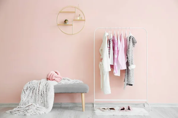 Interior of hall with clothes rack — Stock Photo, Image