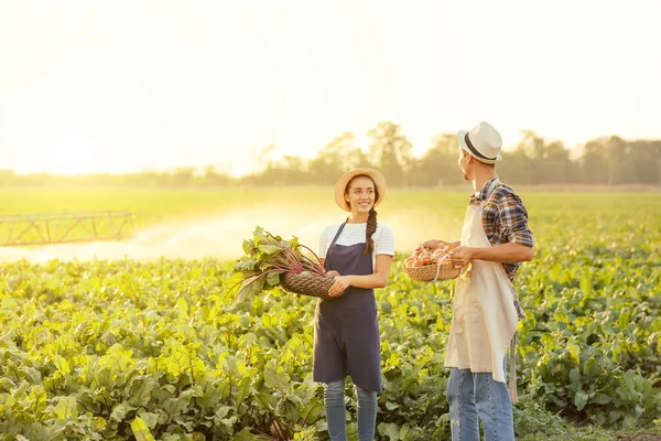 Jóvenes agricultores con cosecha en el campo — Foto de Stock