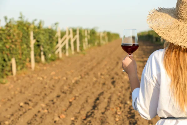 Mulher com copo de vinho saboroso na vinha — Fotografia de Stock