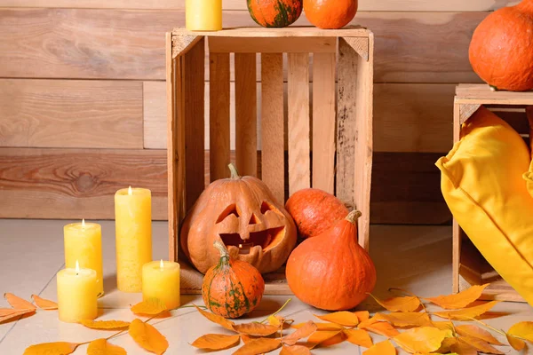 Creative decorations for Halloween party near wooden wall — Stock Photo, Image