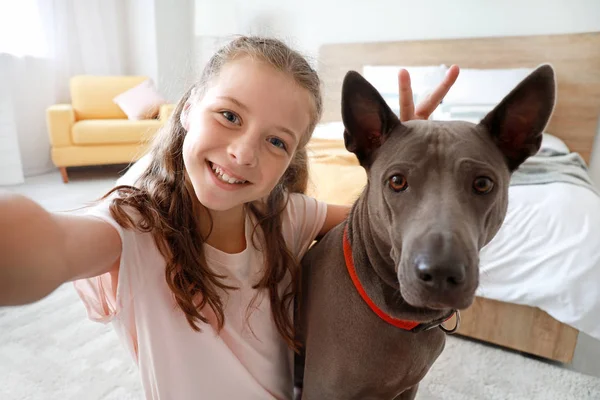 Menina com cão bonito levando selfie em casa — Fotografia de Stock