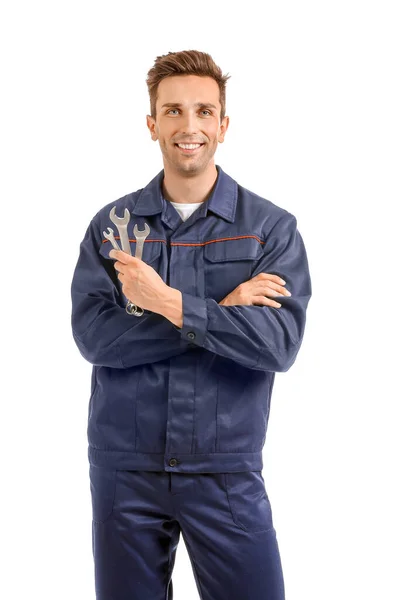 Muž auto mechanik na bílém pozadí — Stock fotografie