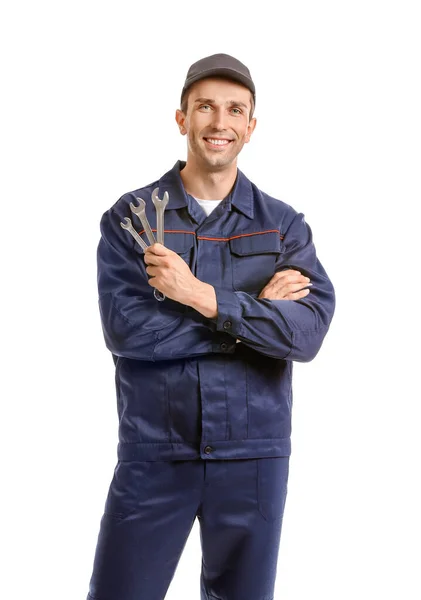 Muž auto mechanik na bílém pozadí — Stock fotografie