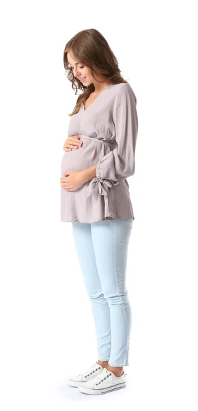Tânără gravidă pe fundal alb — Fotografie, imagine de stoc