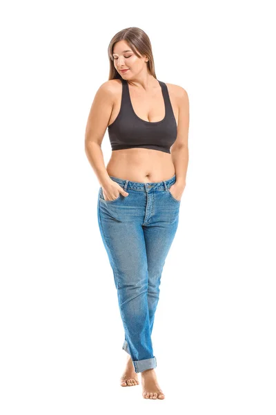 Cuerpo joven mujer positiva sobre fondo blanco — Foto de Stock