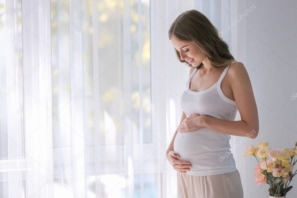 Beautiful pregnant woman near window at home