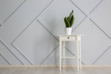 Işık duvarının yanında çiçekli modern masa