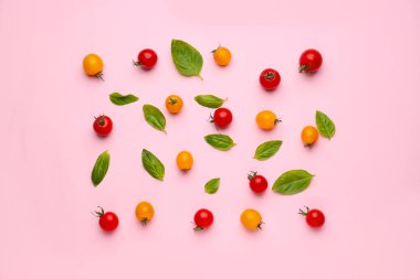 Renkli fesleğenli farklı taze domatesler.