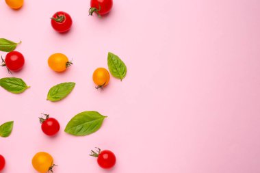 Renkli fesleğenli farklı taze domatesler.