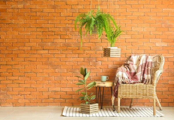 Wiklinowy fotel, stół i rośliny domowe w pobliżu cegły ściany — Zdjęcie stockowe