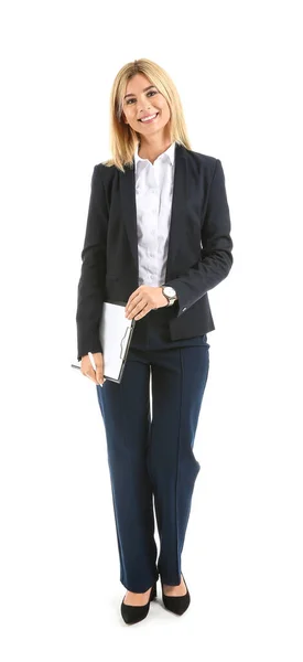 Bonita mulher de negócios elegante com documentos sobre fundo branco — Fotografia de Stock