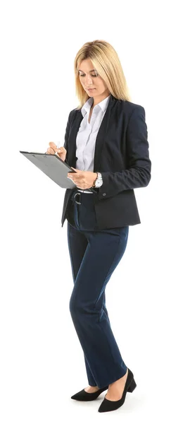 Beautiful stylish businesswoman with documents on white background — Stock Photo, Image