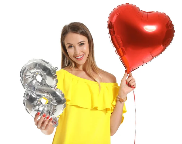 Mulher bonita com balão de ar e figura 8 no fundo branco. Celebração do Dia Internacional da Mulher — Fotografia de Stock