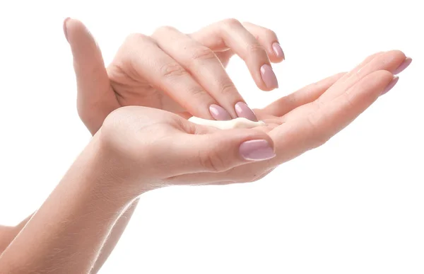 Female hands with cream on white background — Stock Photo, Image