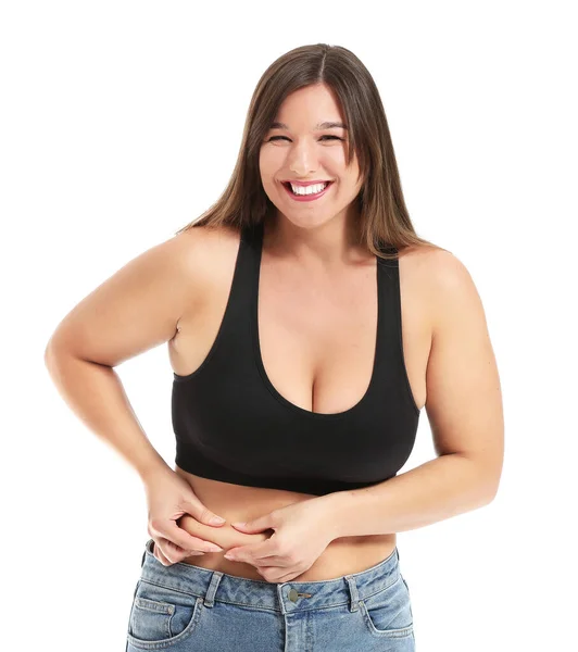 Fiatal test pozitív nő fehér háttér — Stock Fotó