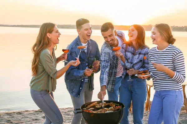 Friends at barbecue party near river