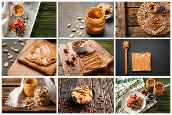 Collage mit leckerer Erdnussbutter und Toasts — Stockfoto