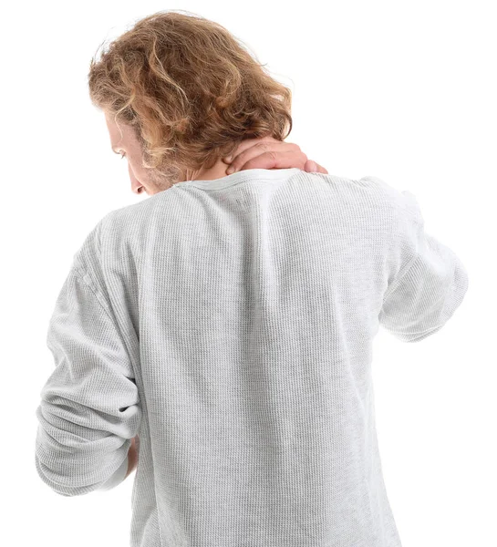 Genç adam beyaz arka plan üzerinde boyun ağrısı muzdarip — Stok fotoğraf