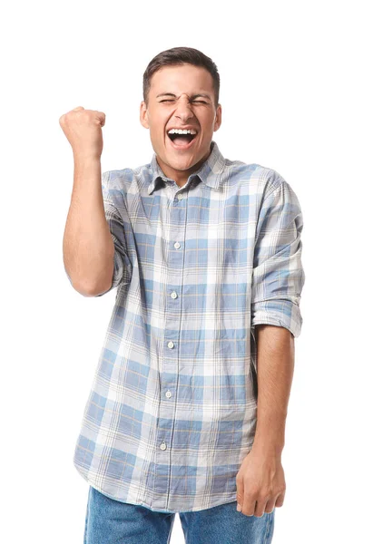 Πορτρέτο του χαρούμενος νεαρός άνδρας σε λευκό φόντο — Φωτογραφία Αρχείου