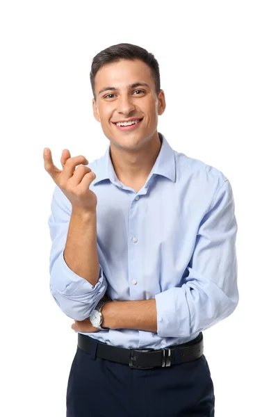 Retrato de belo jovem empresário em fundo branco — Fotografia de Stock