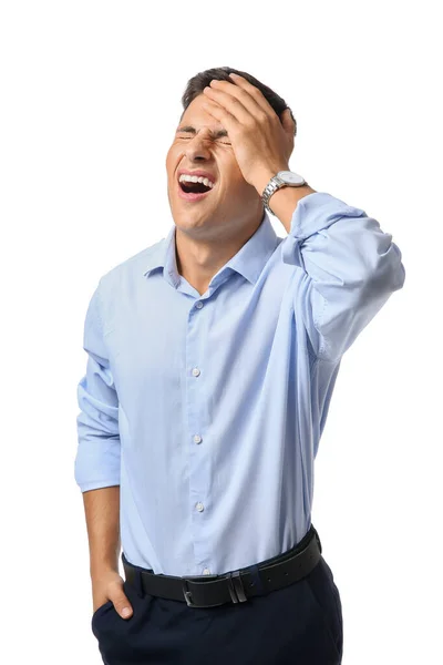 Portrait of hopeless young businessman on white background — ストック写真