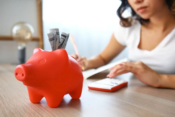 Piggy bank with dollars and Asian woman counting money at table — Stock Photo, Image