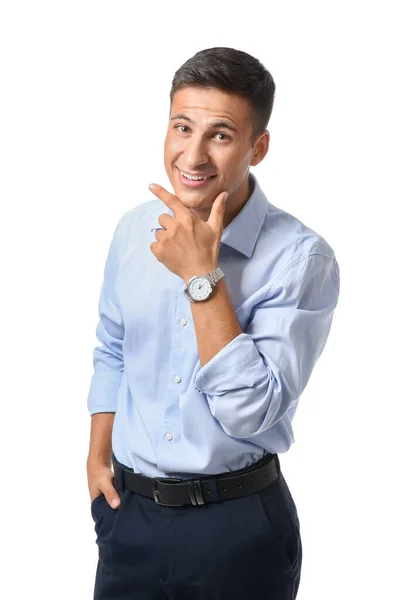 Retrato de belo jovem empresário em fundo branco — Fotografia de Stock