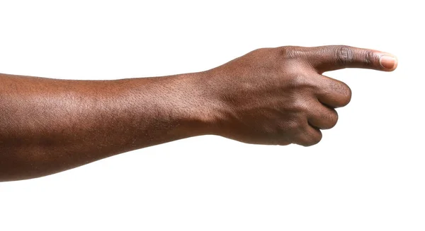 Hand of African-American man pointing at something on white background — Stock Photo, Image