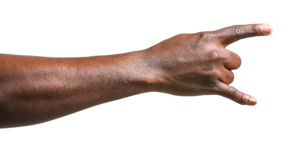 Mano di uomo afro-americano che mostra "corna del diavolo" gesto su sfondo bianco — Foto Stock