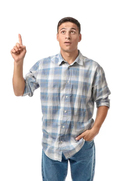 Portrait of handsome young man with raised index finger on white background — Stock Photo, Image