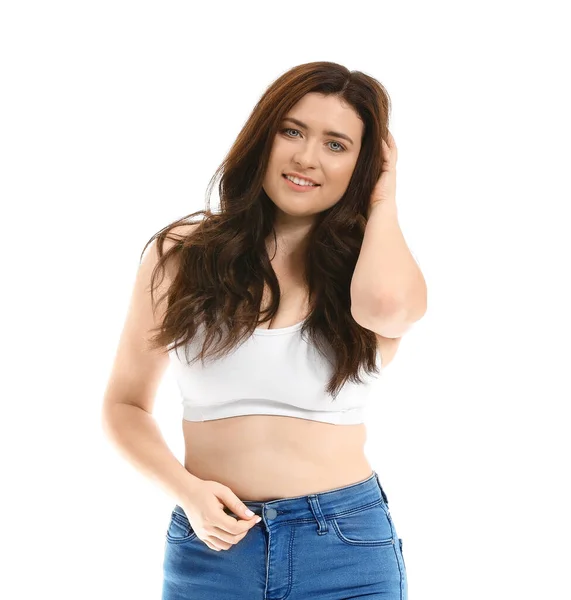 Young body positive woman on white background — Stock Photo, Image