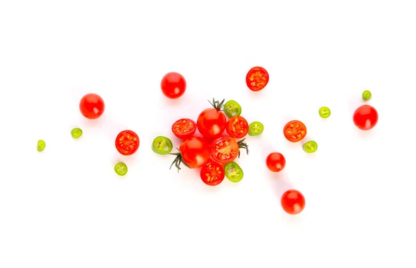 Fresh tomatoes and chili pepper on white background — Stock Photo, Image